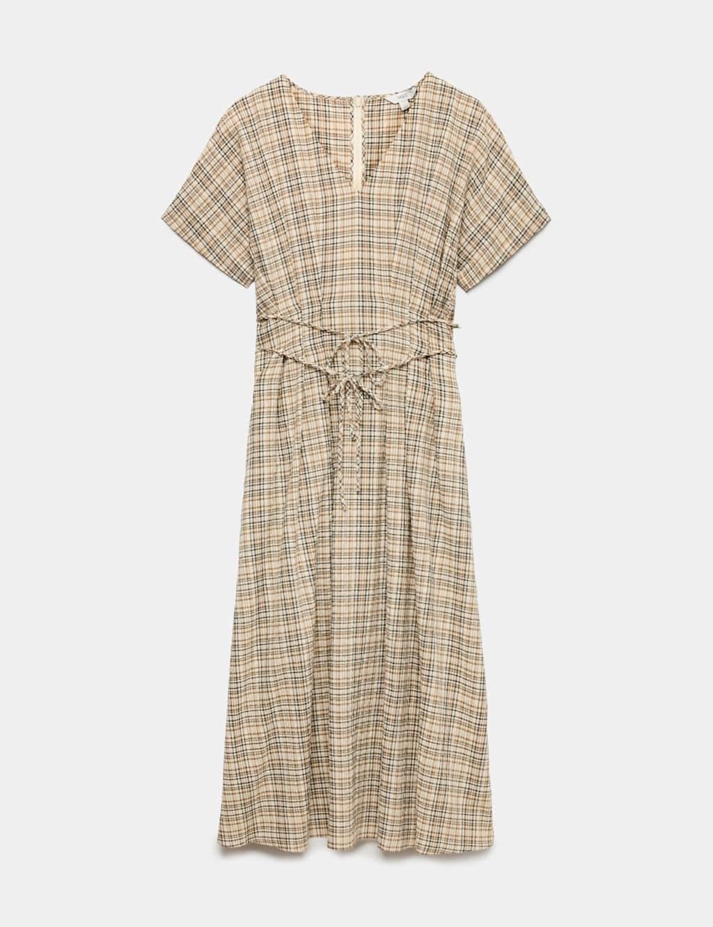 Marks & Spencer M&S Pure Cotton Checked V-Neck Midi Waisted Dress Beige Mix