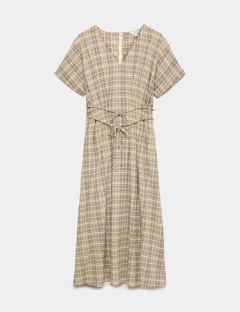 Marks & Spencer M&S Pure Cotton Checked V-Neck Midi Waisted Dress Beige Mix - 1
