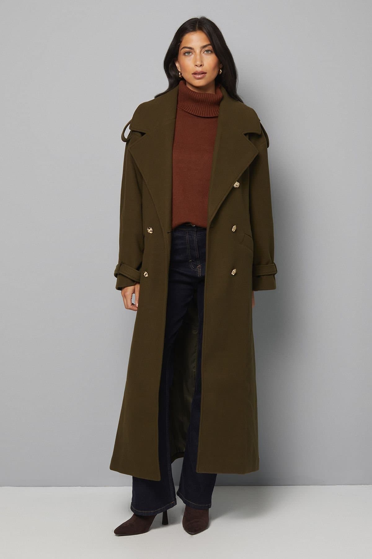 Wallis Wallis Olive Wide Lapel Trench Coat