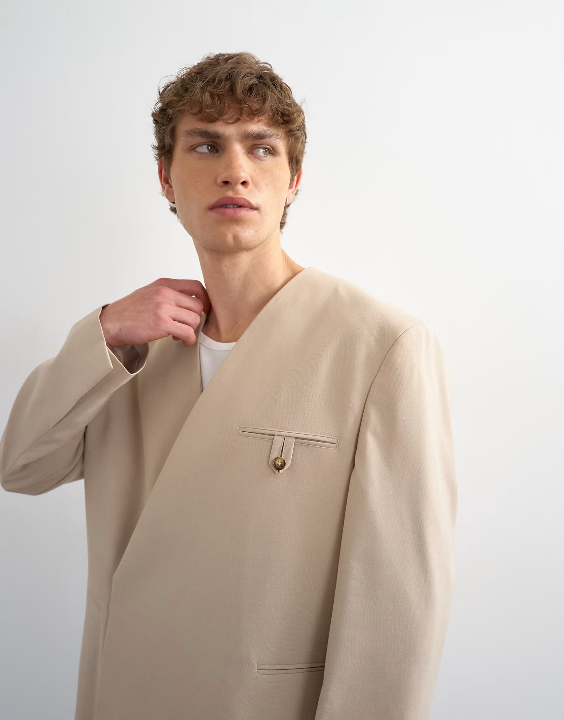 ASOS Topman oversized fit collarless blazer in stone