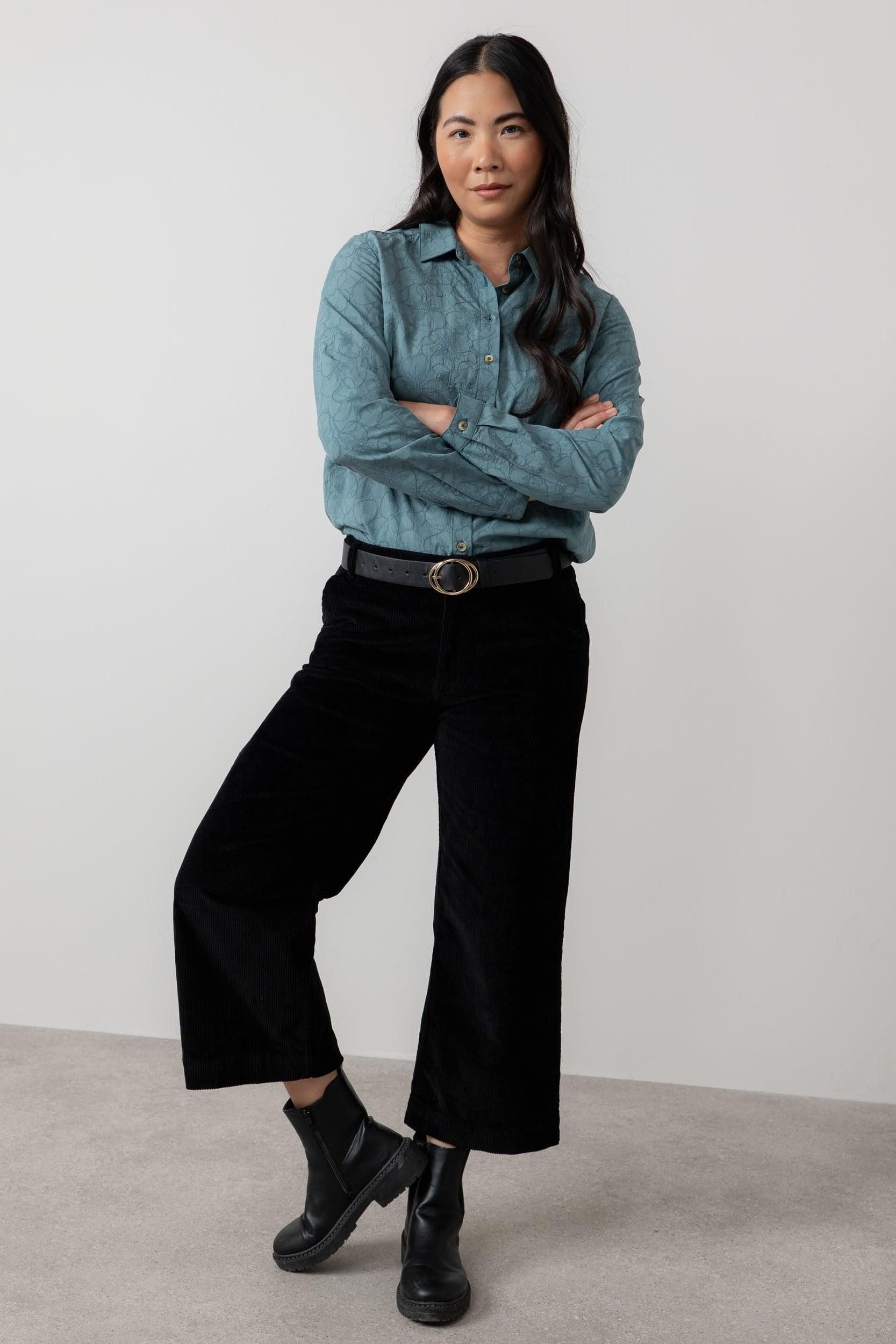 Lily & Me Lily & Me Women's Patsy Textured Jacquard Cotton Blend Long Sleeved Shirt in Mid Blue - 4