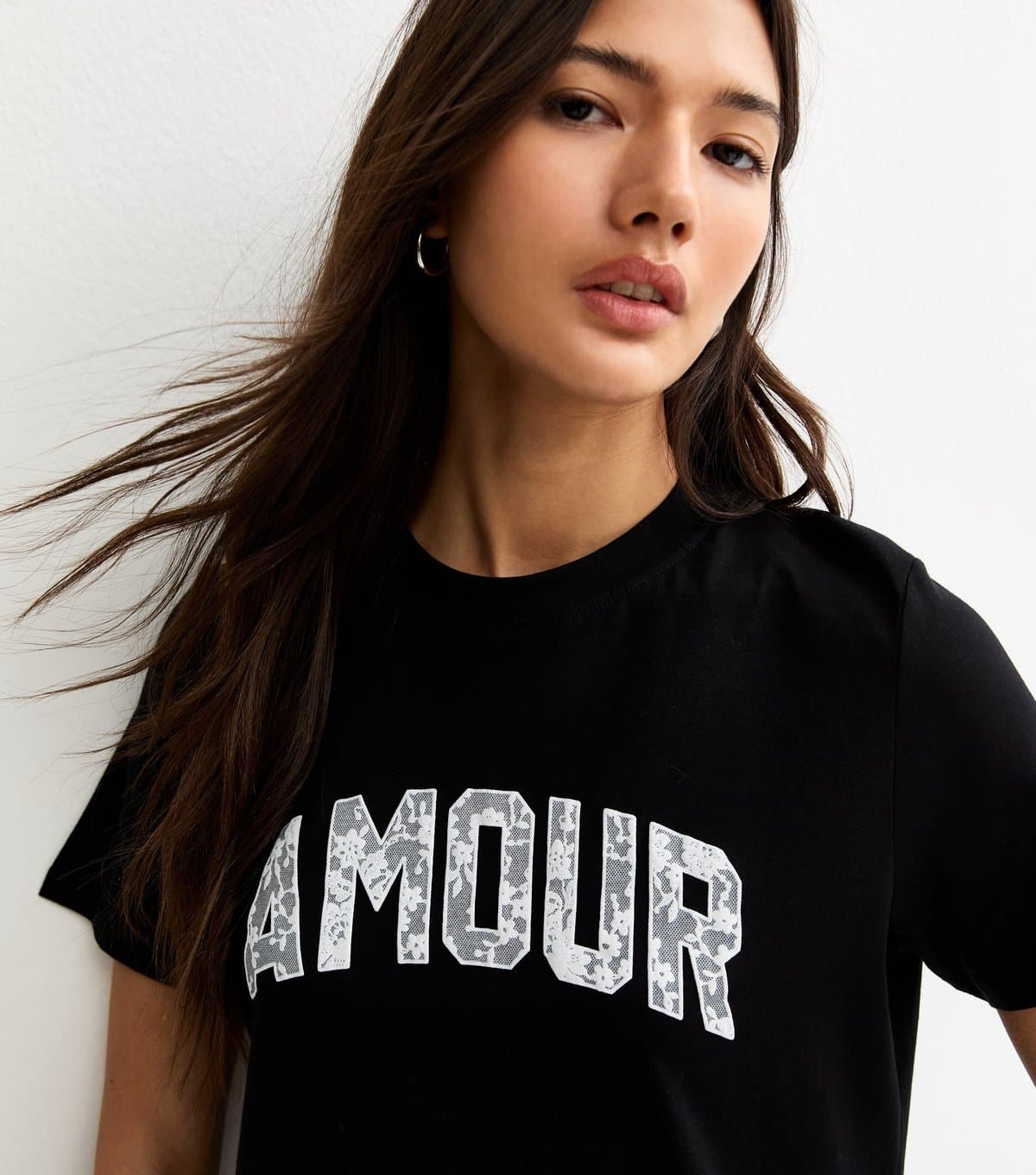 New Look Women's Black Amour Lace Text T-Shirt New Look