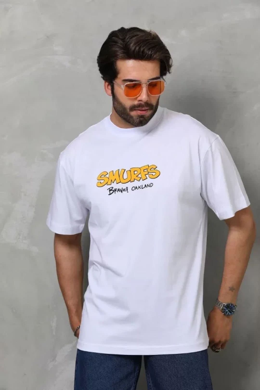 Janes Janes Men's Oversized Crew Neck Graphic Print T-Shirt in Off-White