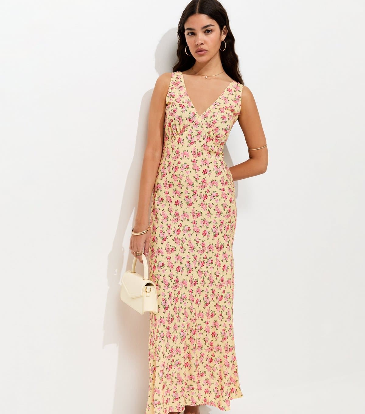 New Look Women's Yellow Floral Print V-Neck Bias Cut Midi Dress New Look