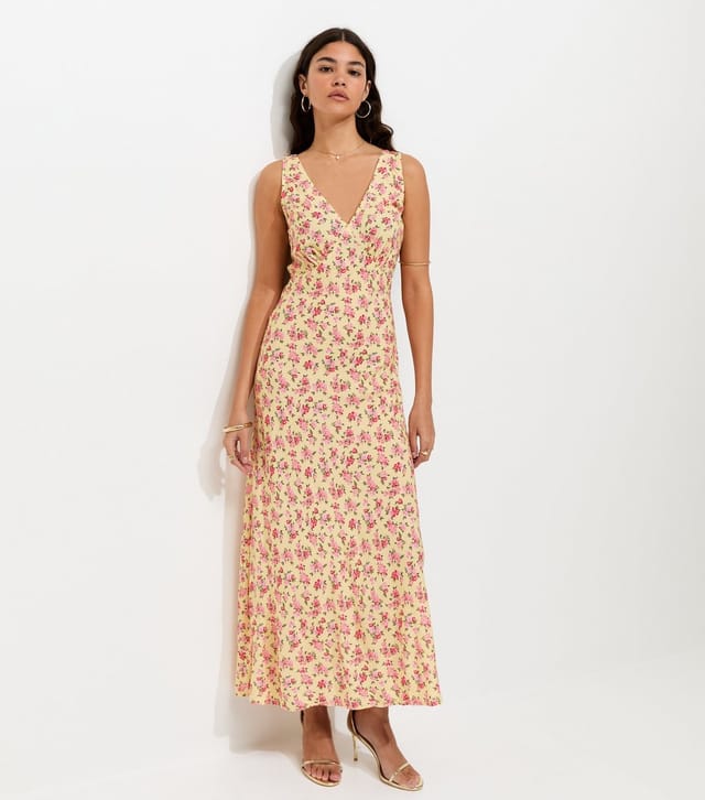 New Look Women's Yellow Floral Print V-Neck Bias Cut Midi Dress New Look - 2