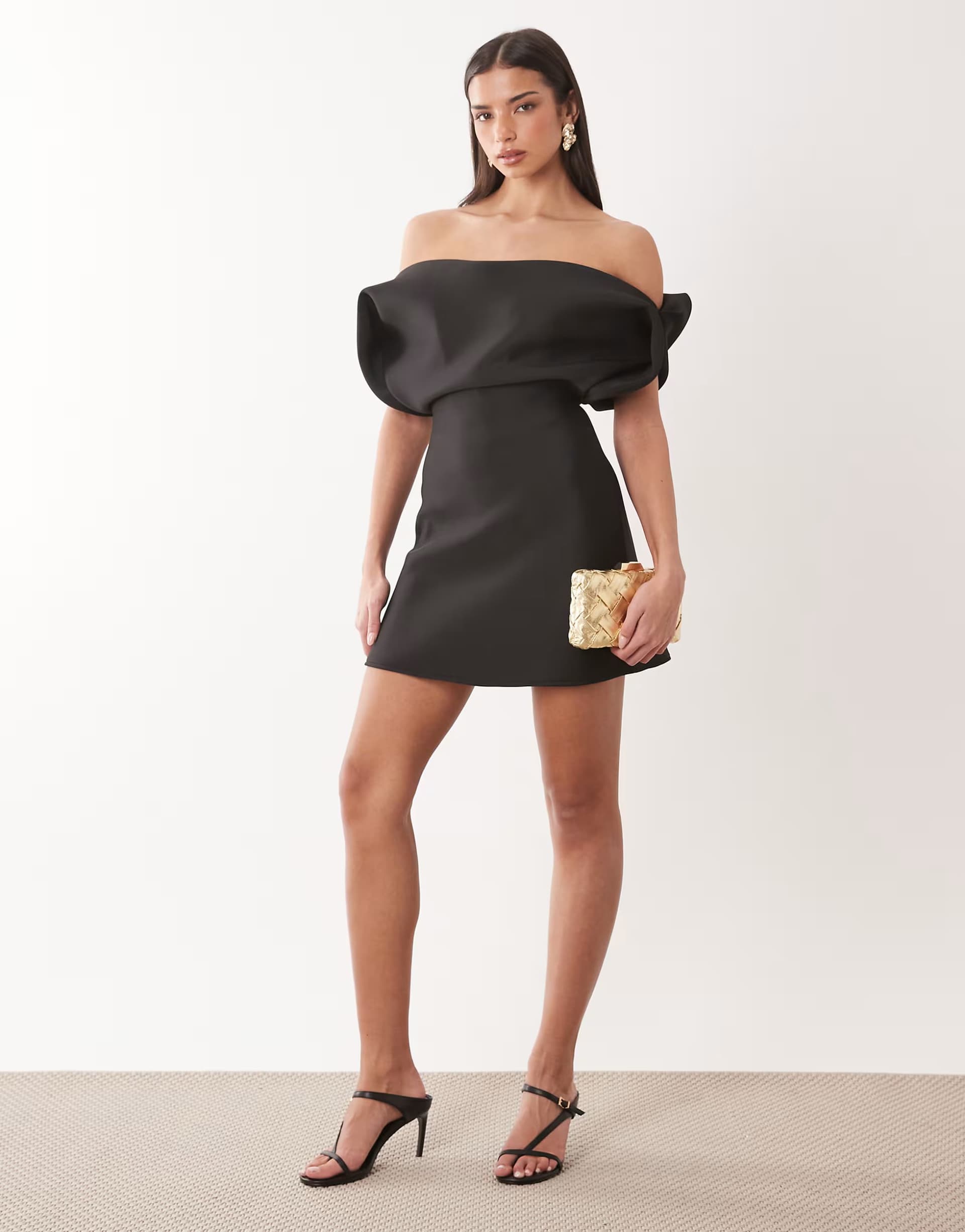 ASOS ASOS DESIGN structured bardot mini dress in black scuba-style fabric