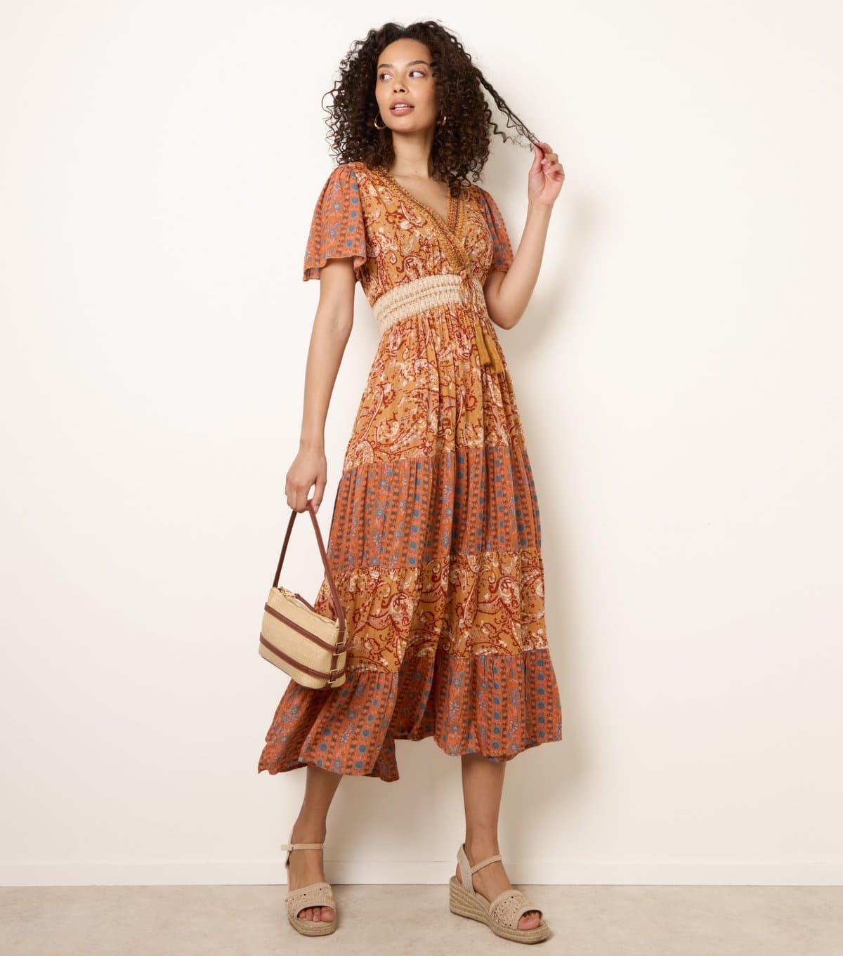 Blue Vanilla Women's Brown Mixed Print Beaded Wrap Style Midi Dress Blue Vanilla New Look