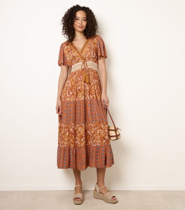 Blue Vanilla Women's Brown Mixed Print Beaded Wrap Style Midi Dress Blue Vanilla New Look - 3