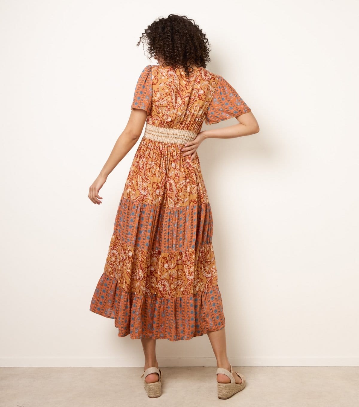 Blue Vanilla Women's Brown Mixed Print Beaded Wrap Style Midi Dress Blue Vanilla New Look - 4