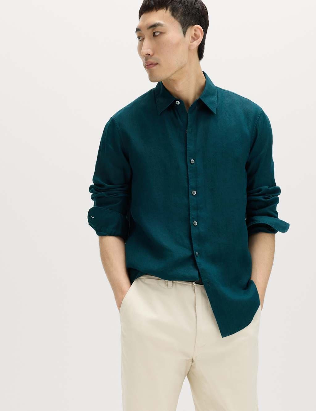 Marks & Spencer M&S Regular Fit Pure Linen Shirt Dark Petrol