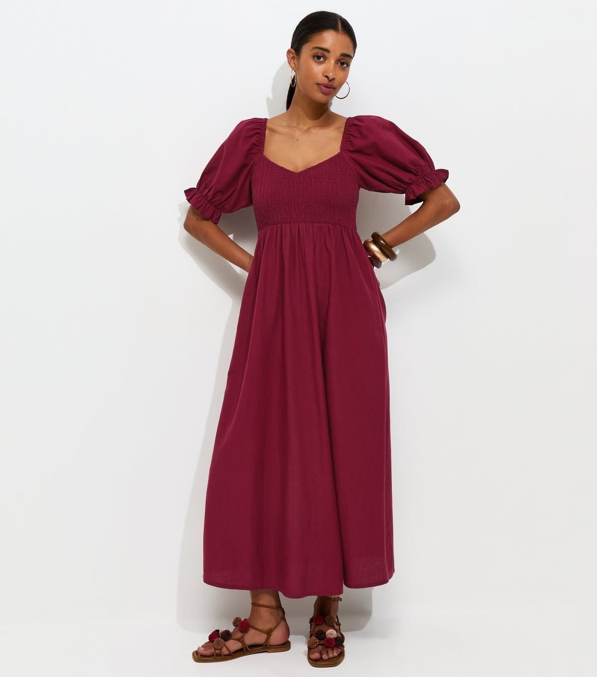 New Look Women's Dark Burgundy Shirred Bodice Puff Sleeve Midi Dress New Look