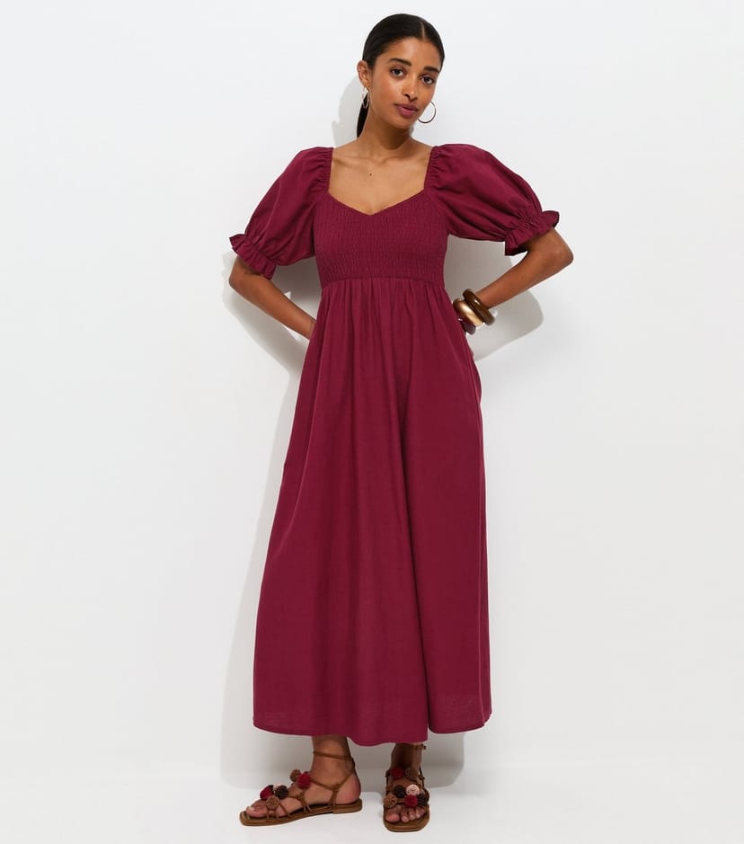 New Look Women's Dark Burgundy Shirred Bodice Puff Sleeve Midi Dress New Look - 1