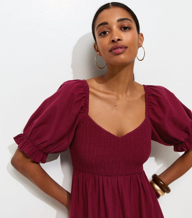 New Look Women's Dark Burgundy Shirred Bodice Puff Sleeve Midi Dress New Look - 2