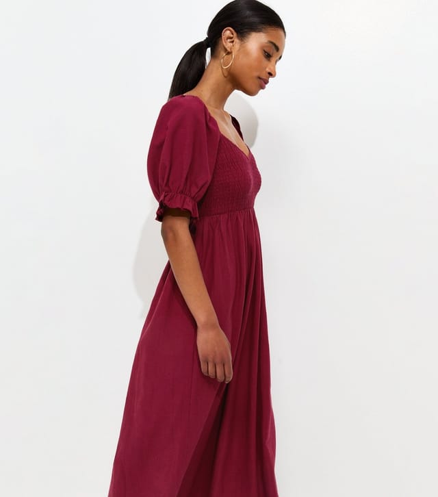 New Look Women's Dark Burgundy Shirred Bodice Puff Sleeve Midi Dress New Look - 3
