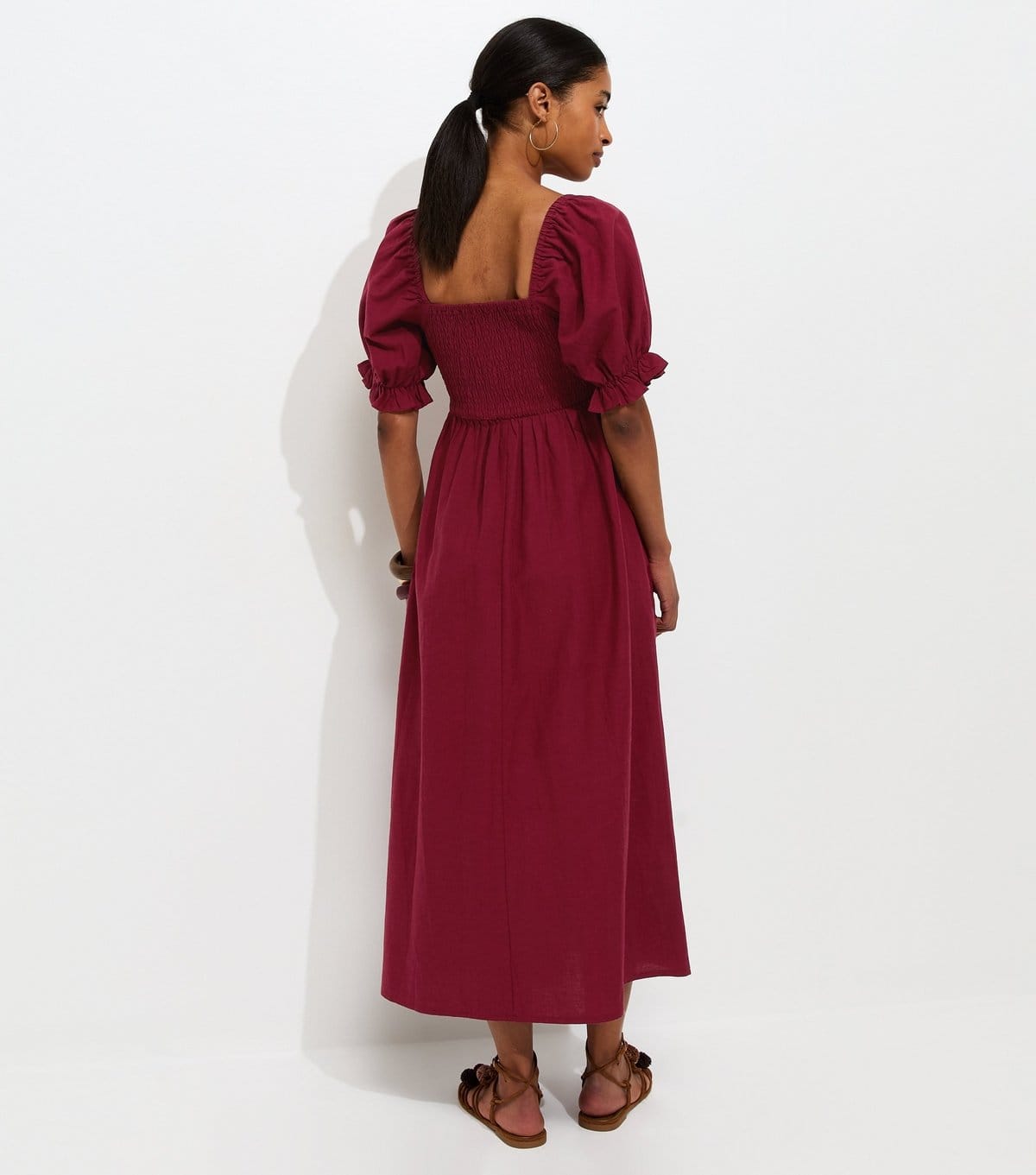 New Look Women's Dark Burgundy Shirred Bodice Puff Sleeve Midi Dress New Look - 4