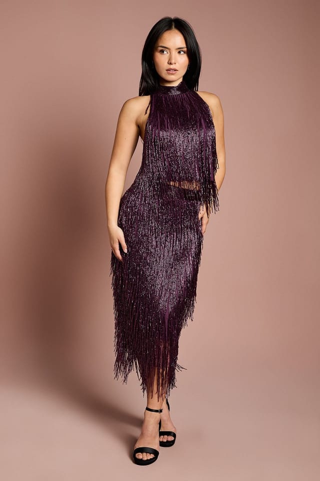 Coast Coast Women's Petite High Neck Embellished Fringe Top in Plum - 2