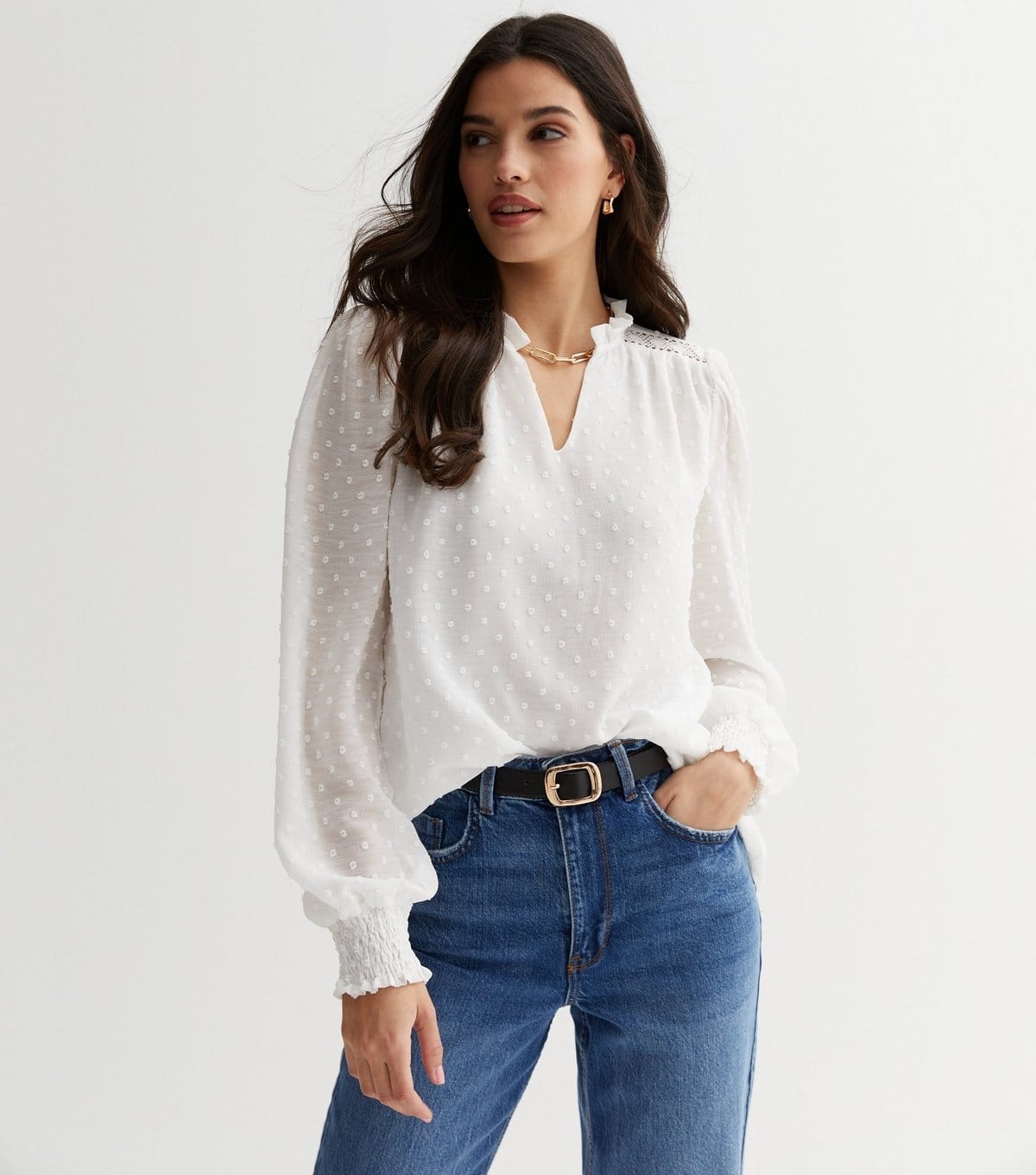 Gini London White Embroidered Chiffon V-Neck Blouse