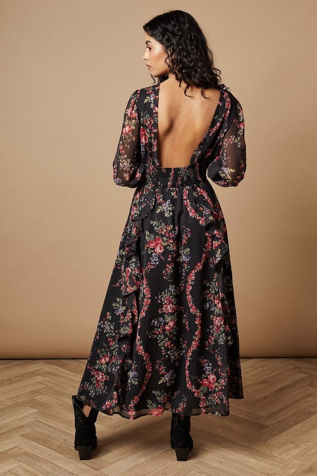 Oasis Oasis Women's Petite Floral Printed Ruffle Detail Shirred Waist Midaxi Dress in Black - 3