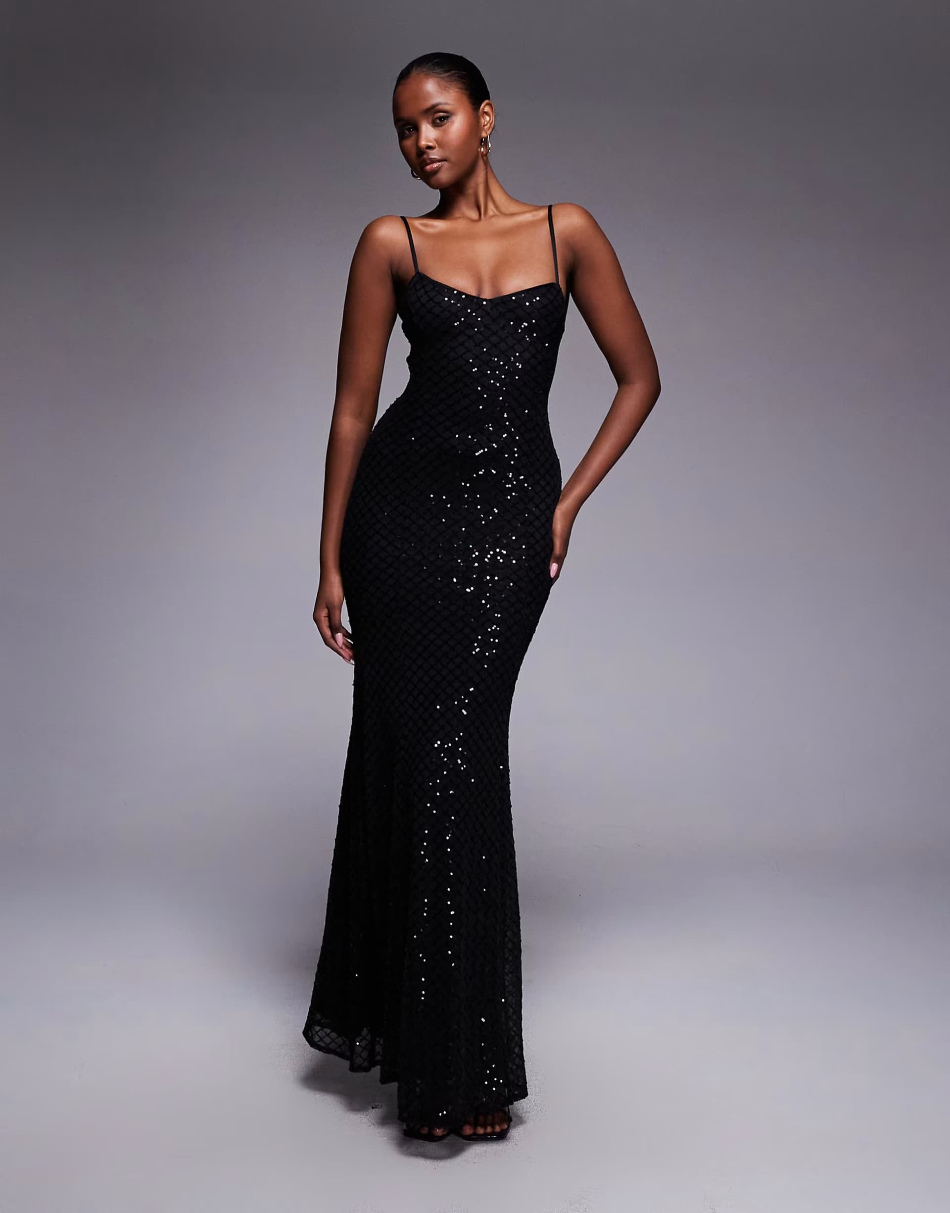 ASOS ASOS DESIGN embellished grid sequin lace up back maxi dress in black