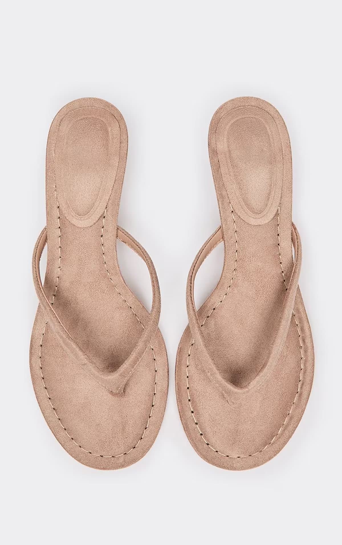 EGO Pierre Thong Strap Low Heeled Mule In Taupe Faux Suede., Women's Size UK 3