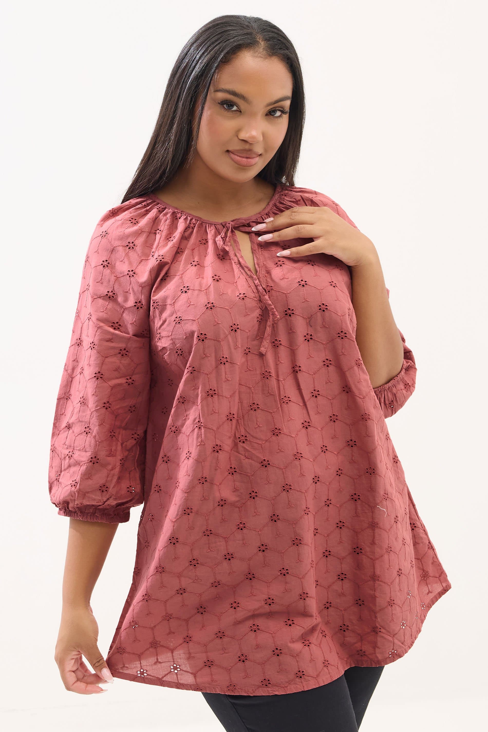 Yours Plus Size Rust Orange Floral Broderie Anglaise Tie Front Top