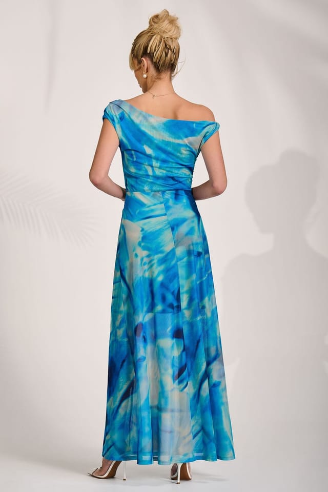 Jolie Moi Jolie Moi Women's Mesh Asymmetrical Off-Shoulder Maxi Dress in Blue - 2