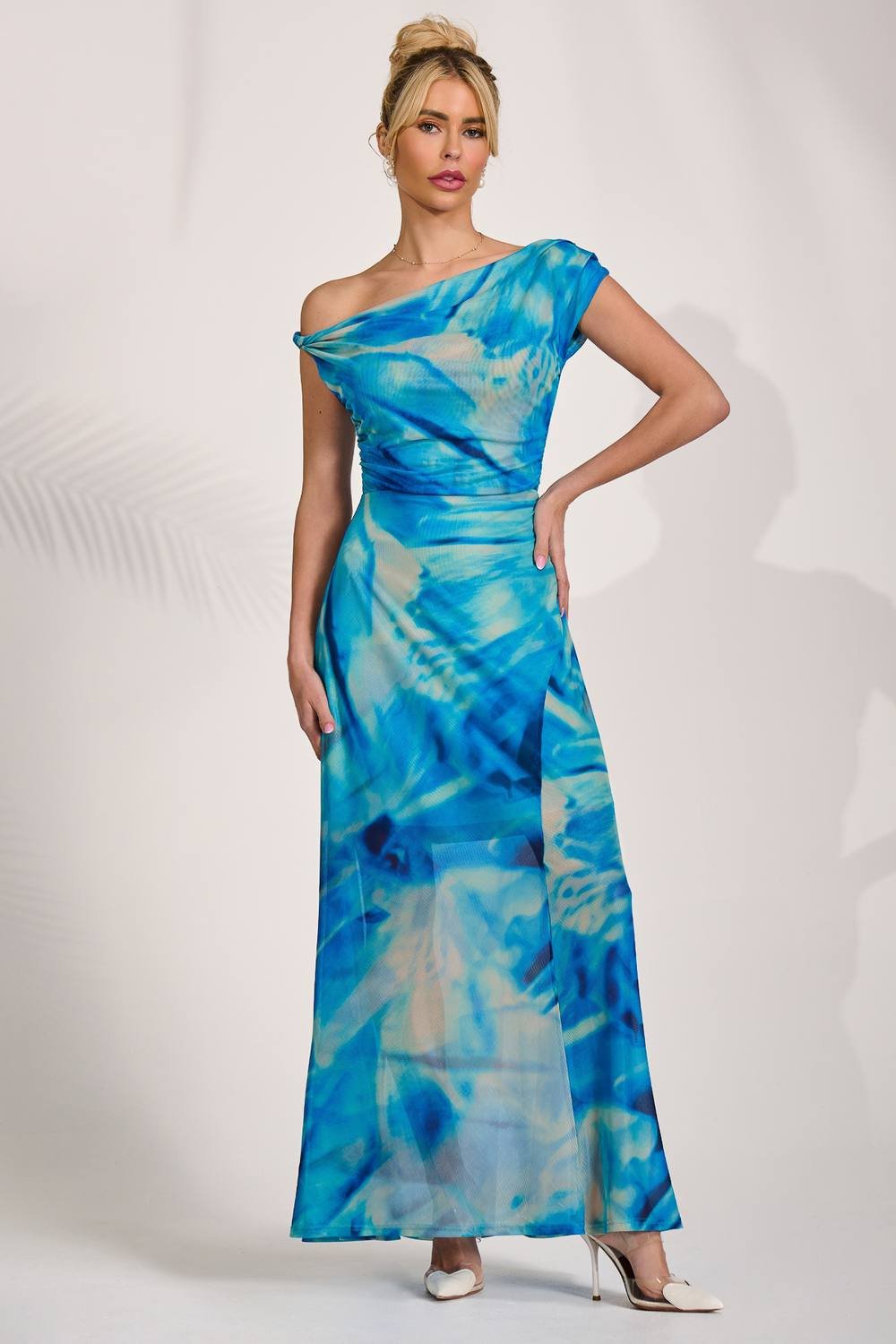 Jolie Moi Jolie Moi Women's Mesh Asymmetrical Off-Shoulder Maxi Dress in Blue - 4