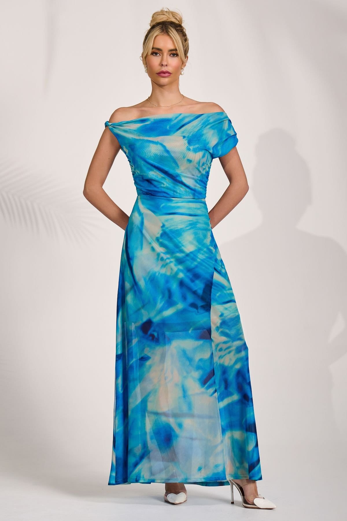 Jolie Moi Jolie Moi Women's Mesh Asymmetrical Off-Shoulder Maxi Dress in Blue - 4