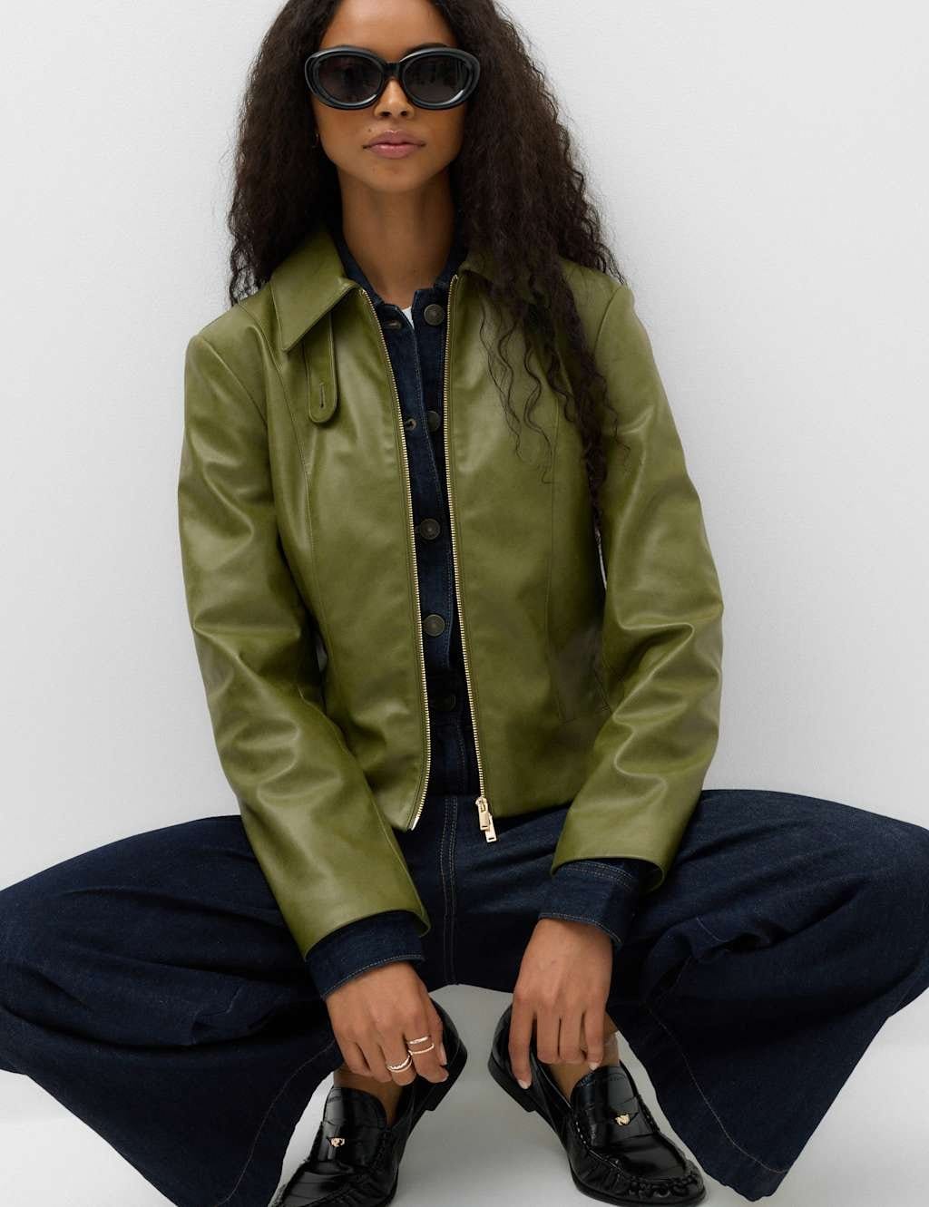 M&S Faux Leather Harrington Jacket Sage