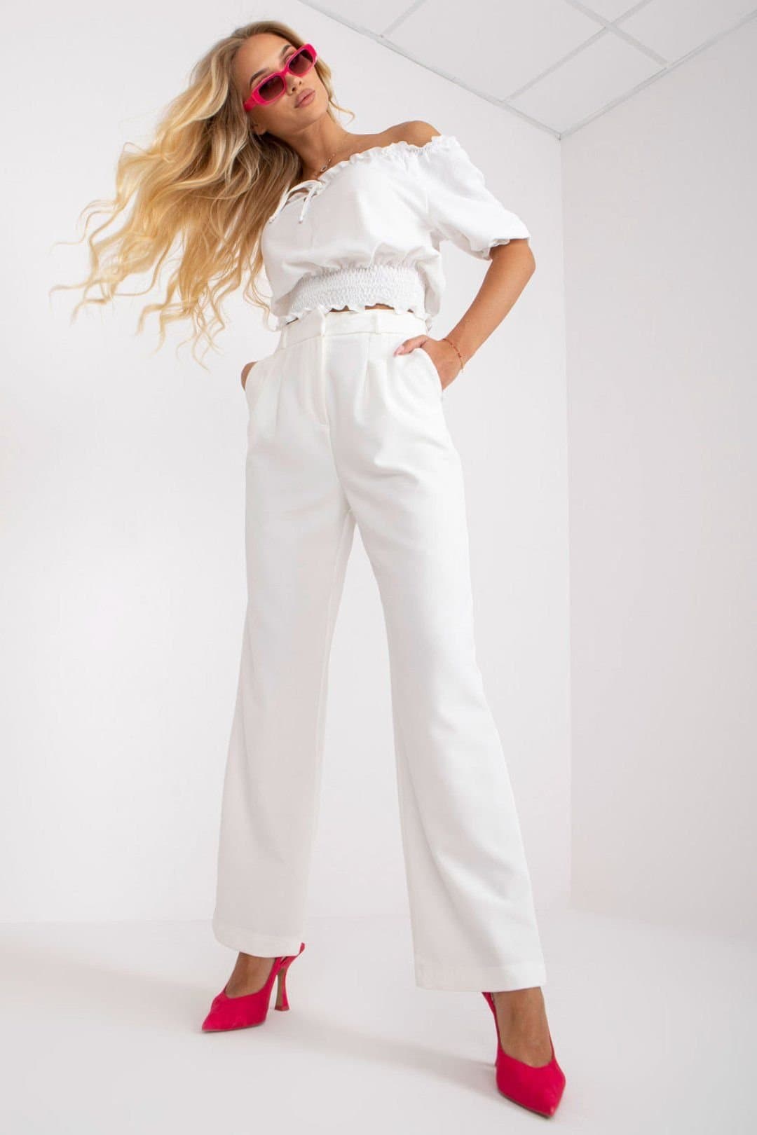 Love Lace Love Lace Women's Wide Leg Fabric Pants With Side Pockets in White