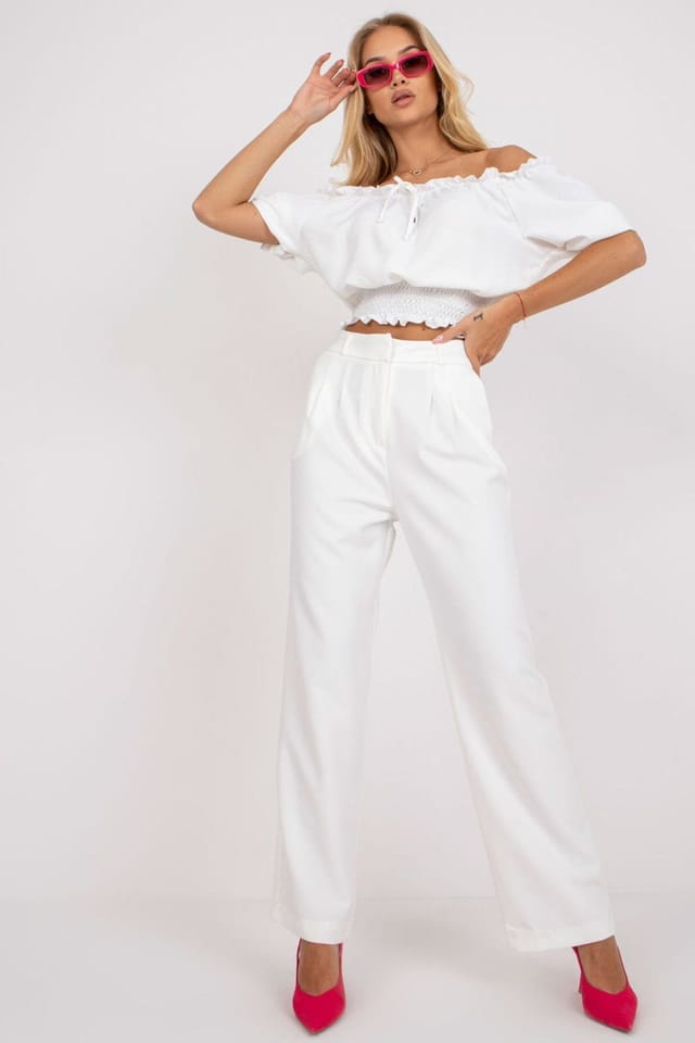 Love Lace Love Lace Women's Wide Leg Fabric Pants With Side Pockets in White - 2