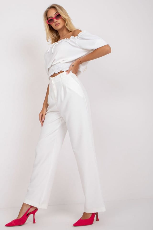 Love Lace Love Lace Women's Wide Leg Fabric Pants With Side Pockets in White - 3
