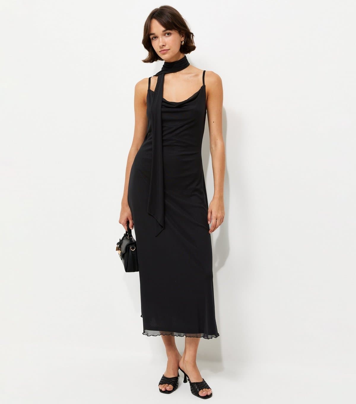 New Look Women's Black Mesh Cowl Neck Midi Dress with Scarf New Look