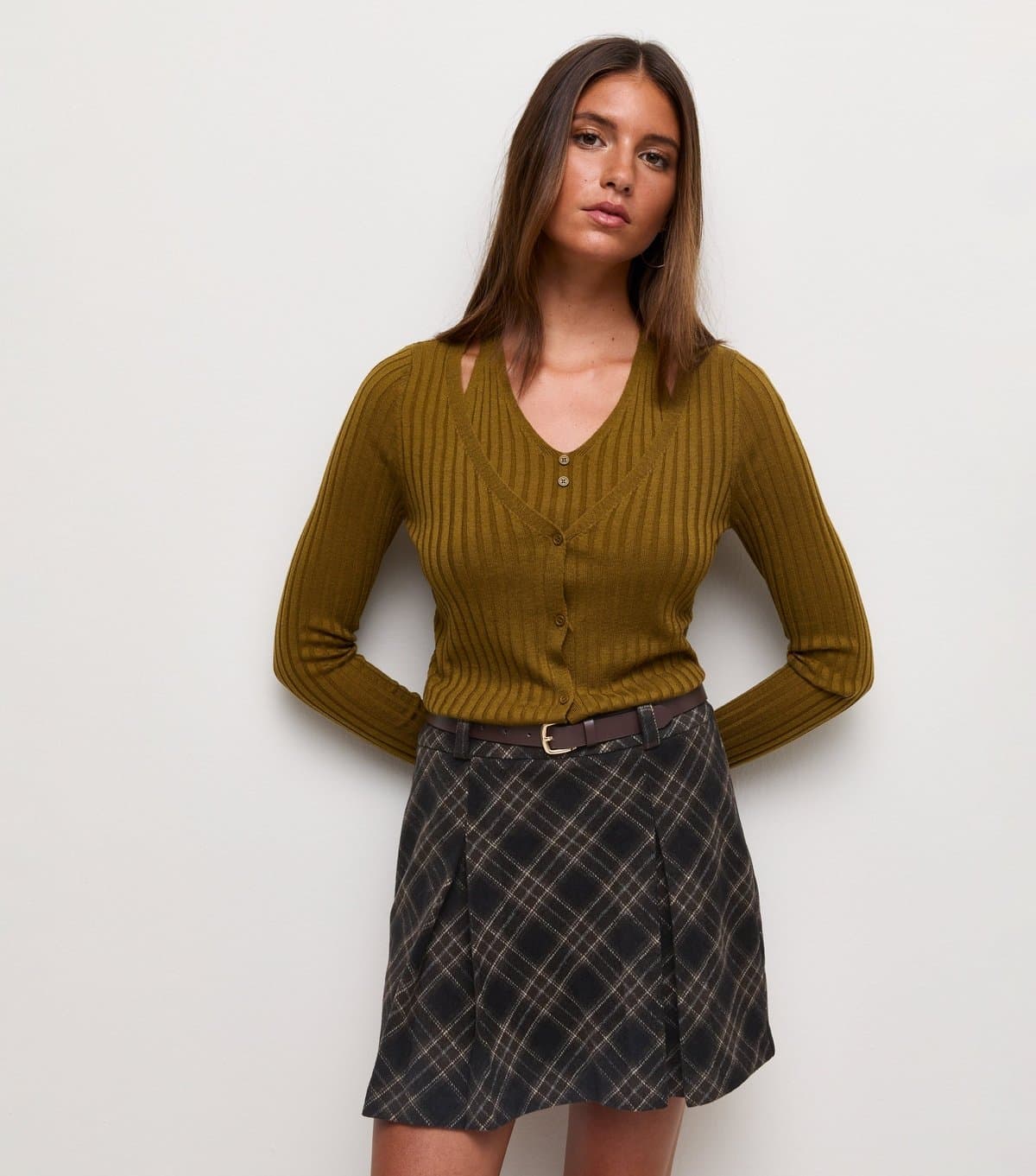 New Look Women's Brown Check Pattern Pleated Belted Mini Skirt New Look