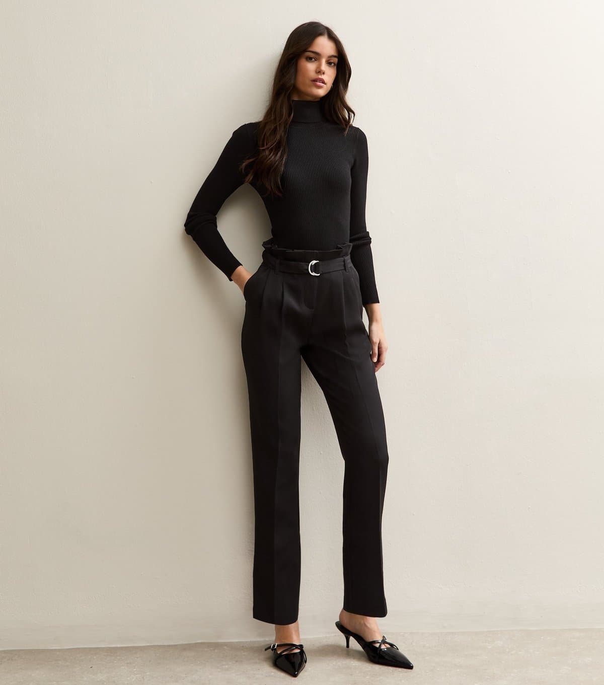 New Look Women's Black Belted Paperbag Waist Trousers New Look