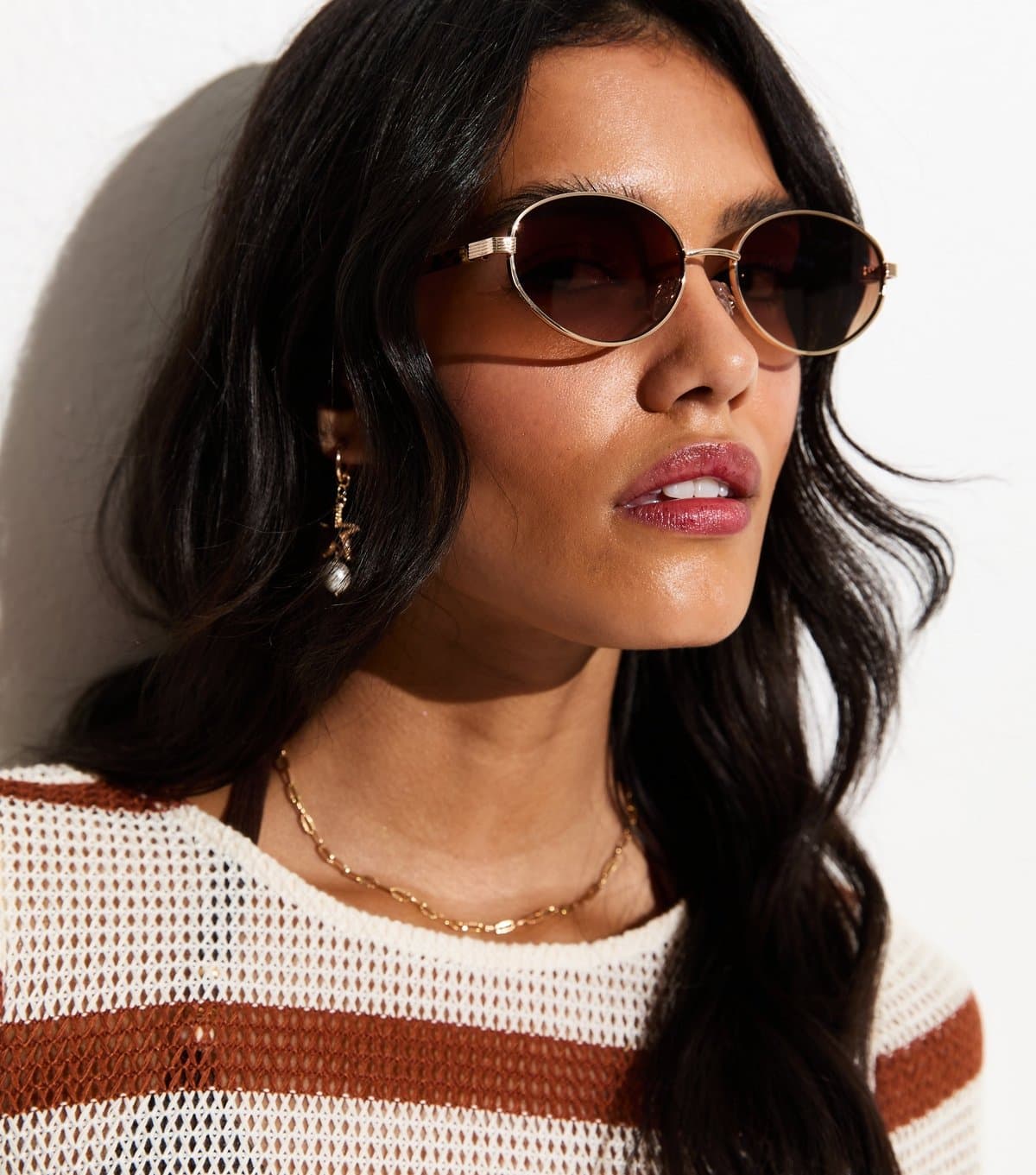 New Look Gold Tone Brown Oval Frame Sunglasses New Look