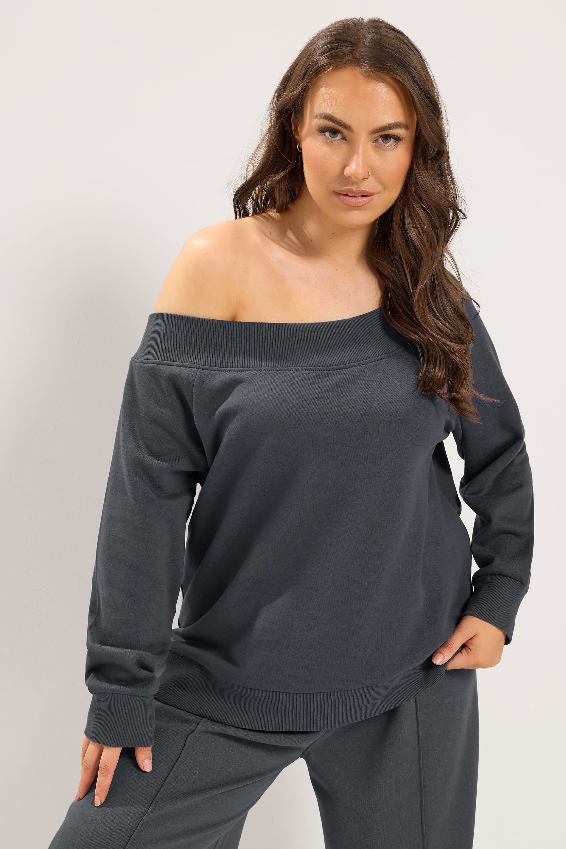 Yours Plus Size Grey Off Shoulder Ribbed Sweatshirt