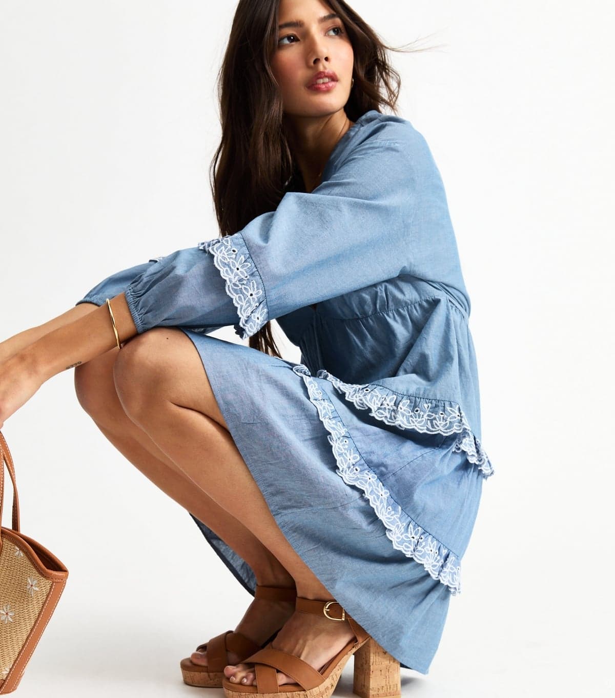 New Look Women's Blue Ruffle Trimmed Chambray Mini Dress New Look