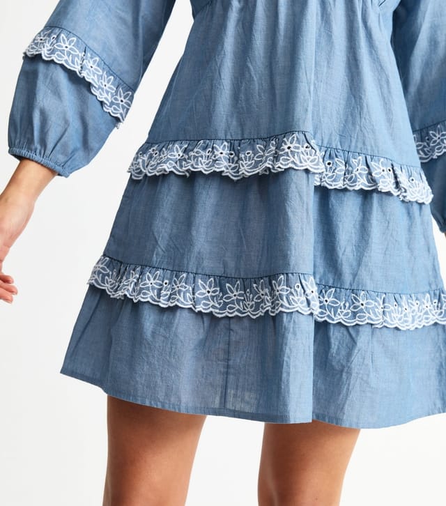 New Look Women's Blue Ruffle Trimmed Chambray Mini Dress New Look - 2