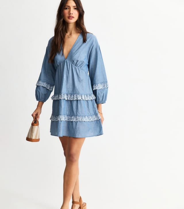New Look Women's Blue Ruffle Trimmed Chambray Mini Dress New Look - 3
