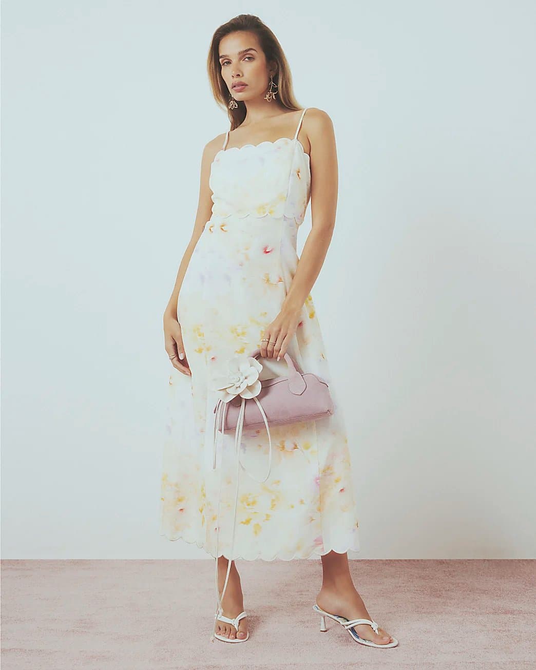River Island River Island Womens Cream Linen Blend Floral Scallop Midi Dress