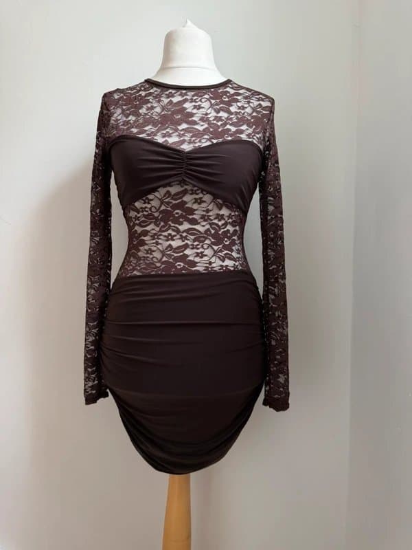 Rebellious fashion Brown Lace Mesh Ruched Bodycon Party Dress, NWT - Size UK 10