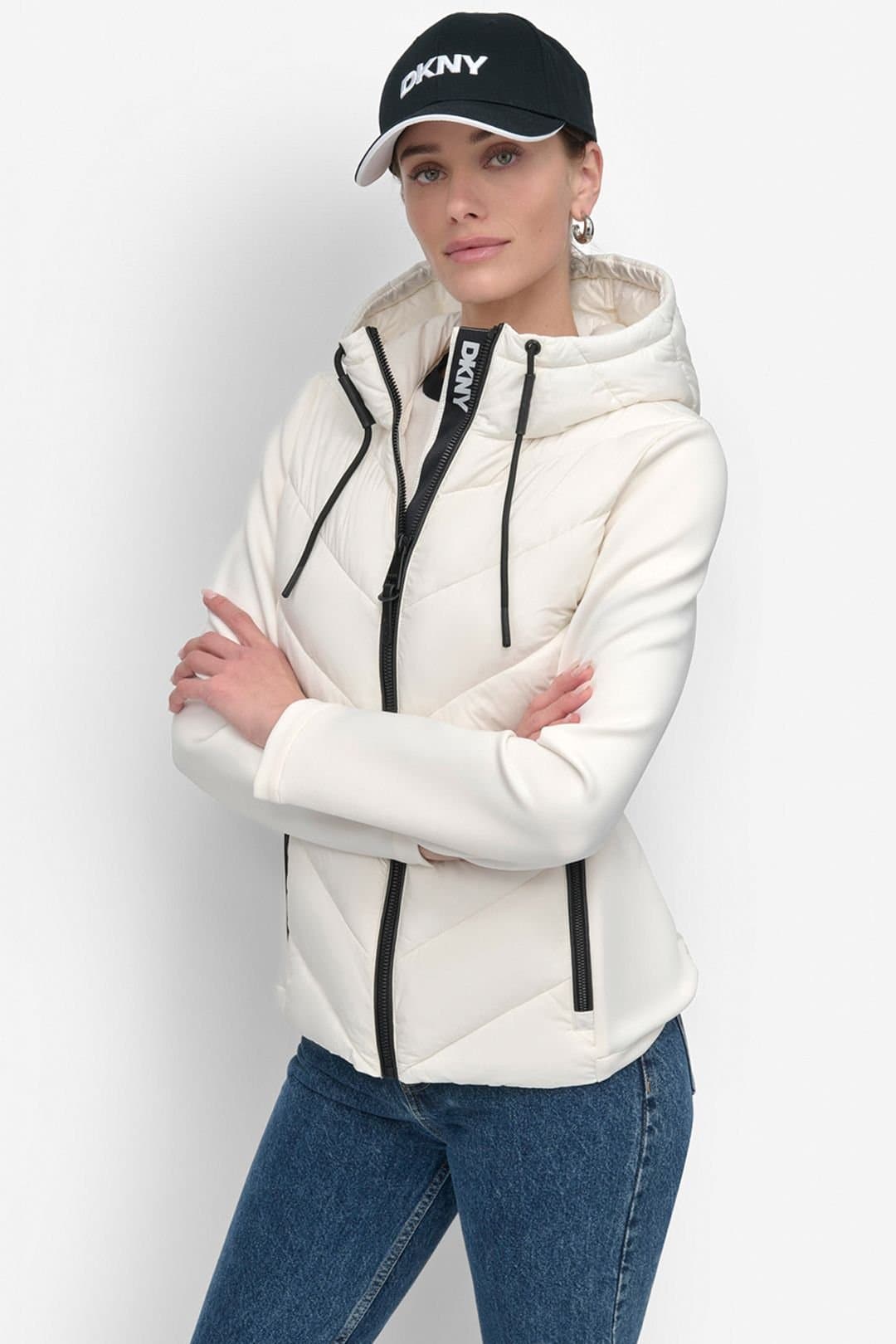 DKNY DKNY Women's Quilted Mix Media Mid Layer Jacket Cream