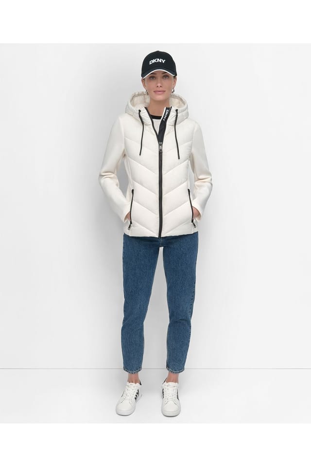 DKNY DKNY Women's Quilted Mix Media Mid Layer Jacket Cream - 3