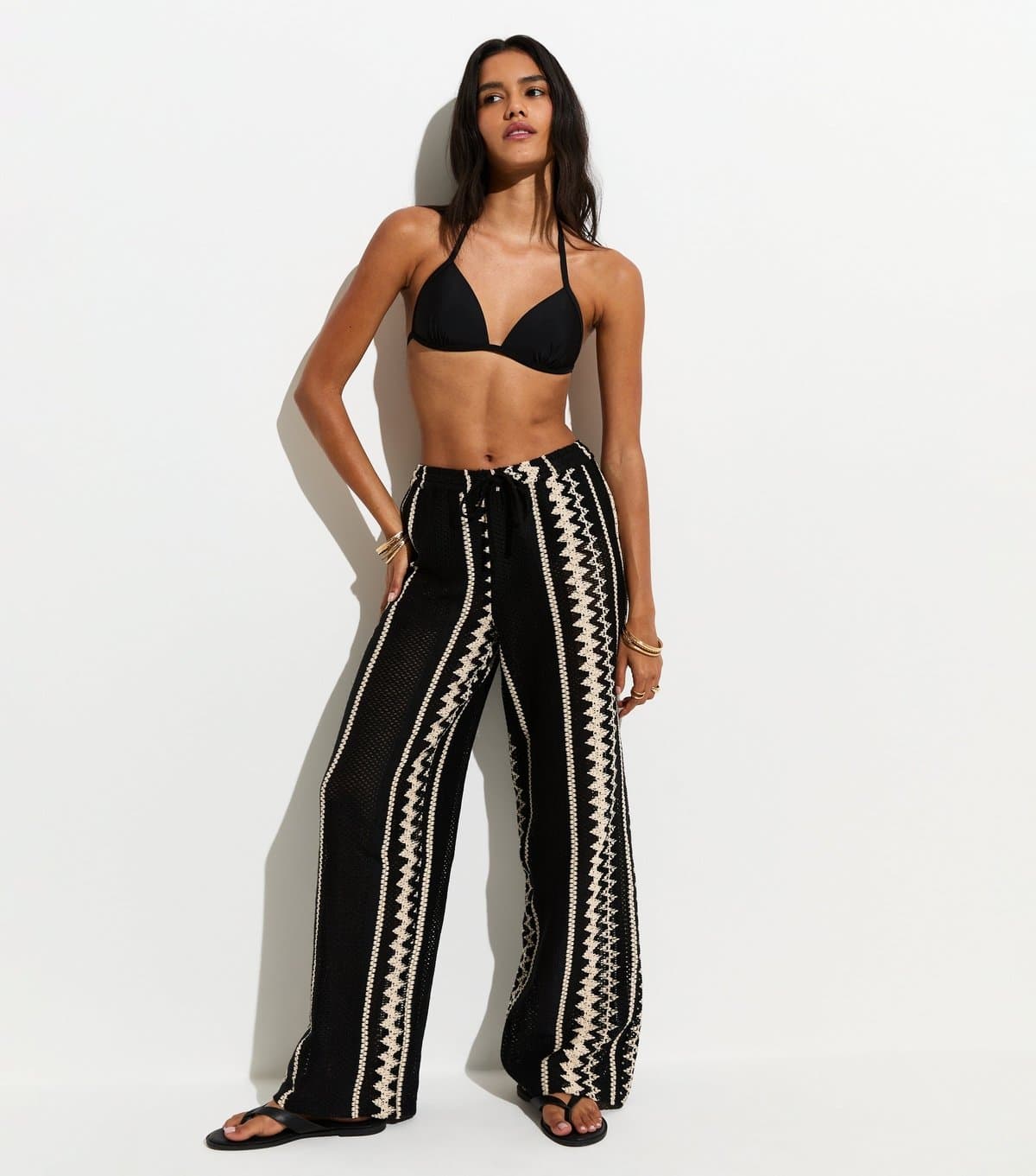 New Look Women's Black With Cotton Wide Leg Crochet Knit Trousers New Look