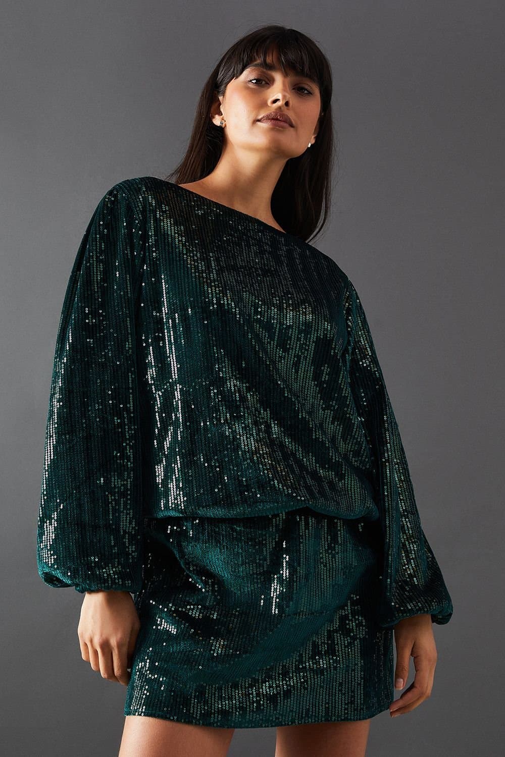 Warehouse Warehouse Women's Velvet Sequin Blouson Long Sleeve Mini Dress in Green