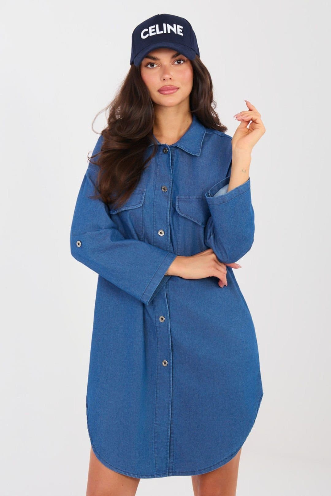 Love Lace Love Lace Women's Cotton Elastane Button Shirt Dress with Pockets Style 223803 in Blue