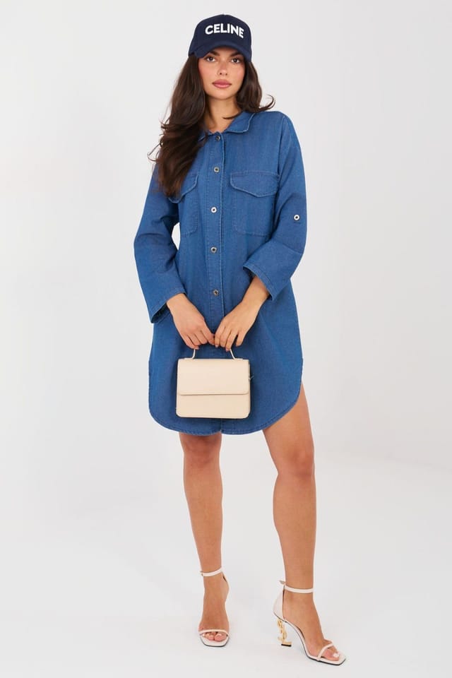 Love Lace Love Lace Women's Cotton Elastane Button Shirt Dress with Pockets Style 223803 in Blue - 2