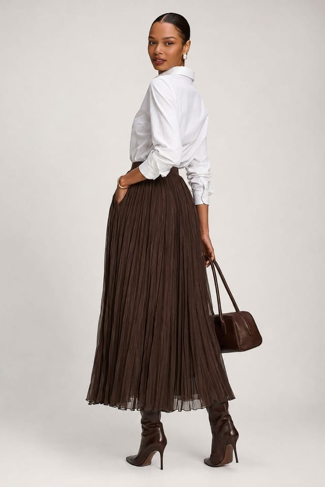 Jolie Moi Jolie Moi Women's Plain Crinkle Mesh Maxi Skirt in Dark Brown - 2