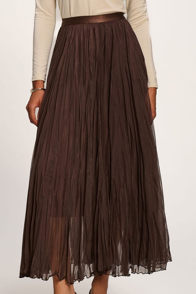 Jolie Moi Jolie Moi Women's Plain Crinkle Mesh Maxi Skirt in Dark Brown - 3